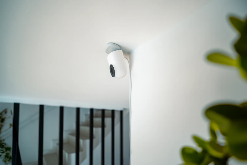 Wireless battery security camera mounted on a house wall