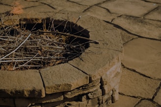 a stone fire pit with sticks sticking out of it