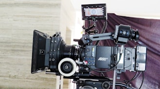 a camera set up on a tripod in front of a wall