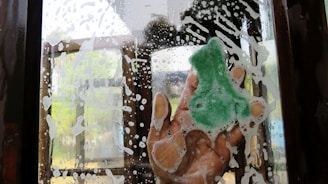 a hand holding a green sponge in front of a window