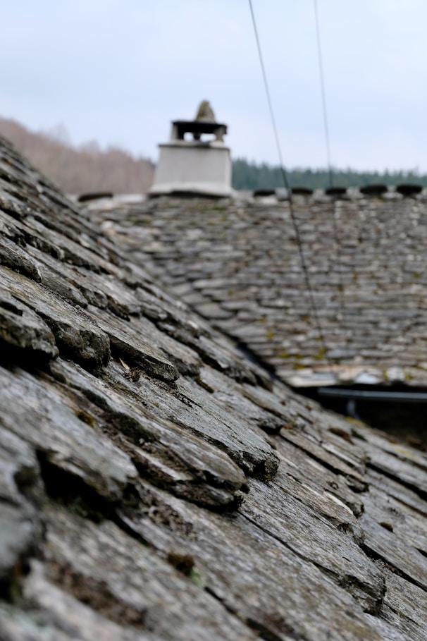 a close up of a roof with a bell tower in the background