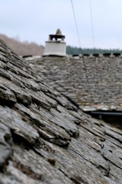 a close up of a roof with a bell tower in the background