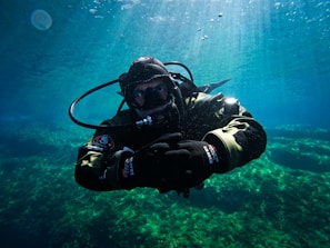 a man in a diving suit is under water