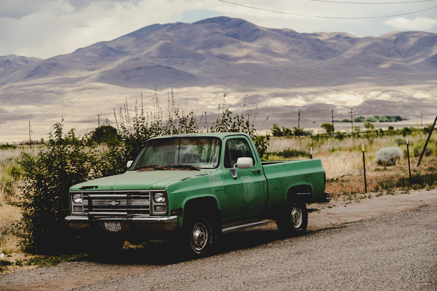 A green work pickup truck parked on a rural road under an open sky