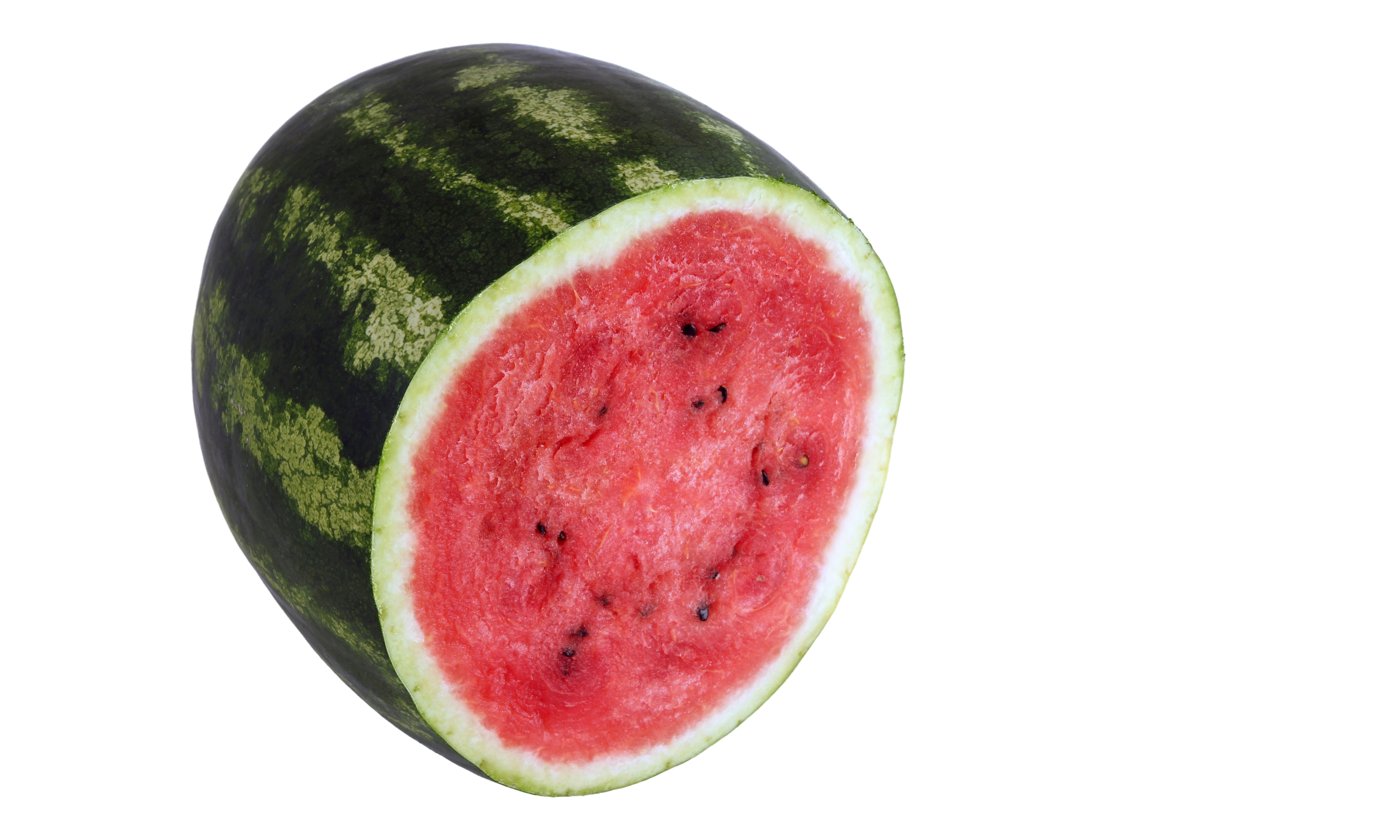 Fresh sliced watermelon halves showing vibrant red flesh and black seeds, bright background