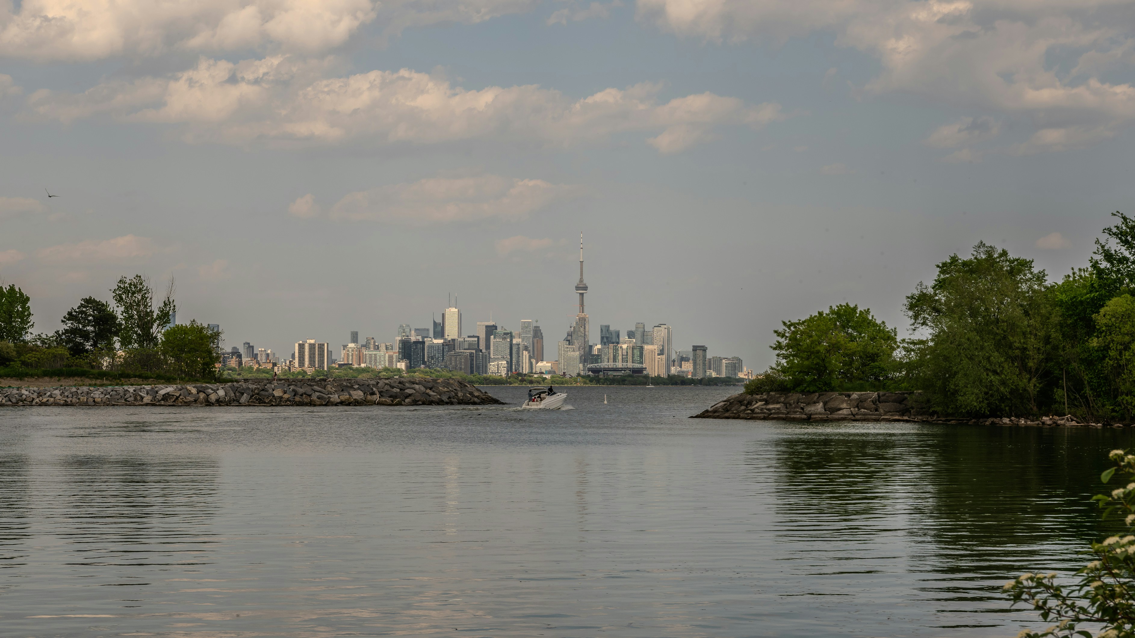 a large body of water with a city in the background