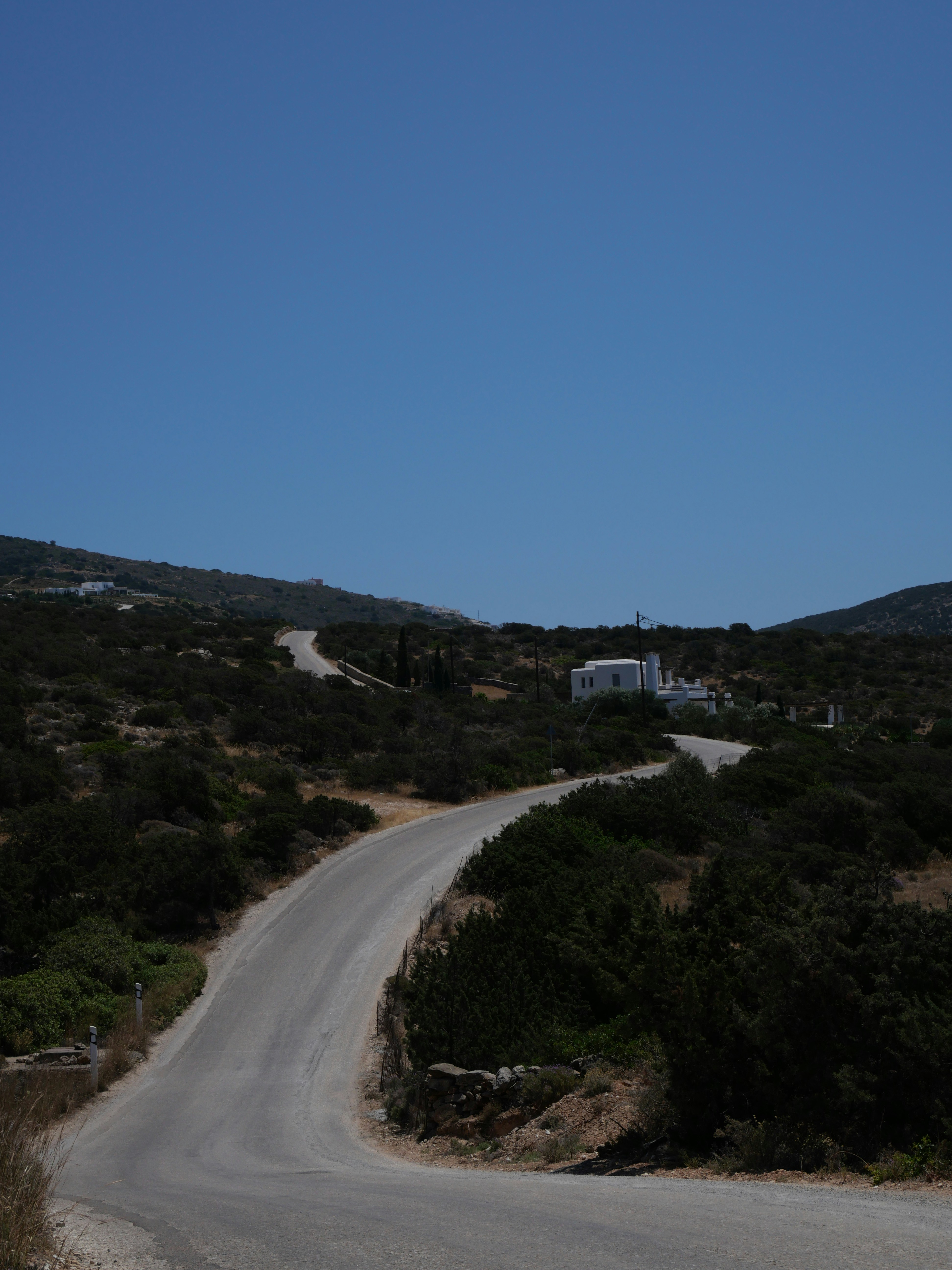 Sunlit rural scene with a winding gravel road through scrubby hills toward a white house on the horizon, beneath a clear blue sky.