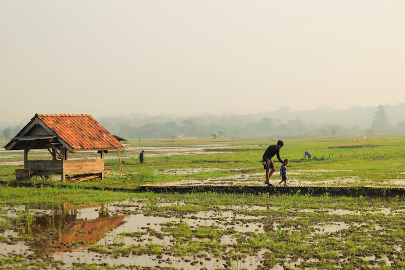 a man riding a bike across a lush green field