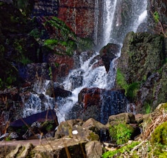 a small waterfall in the middle of a forest