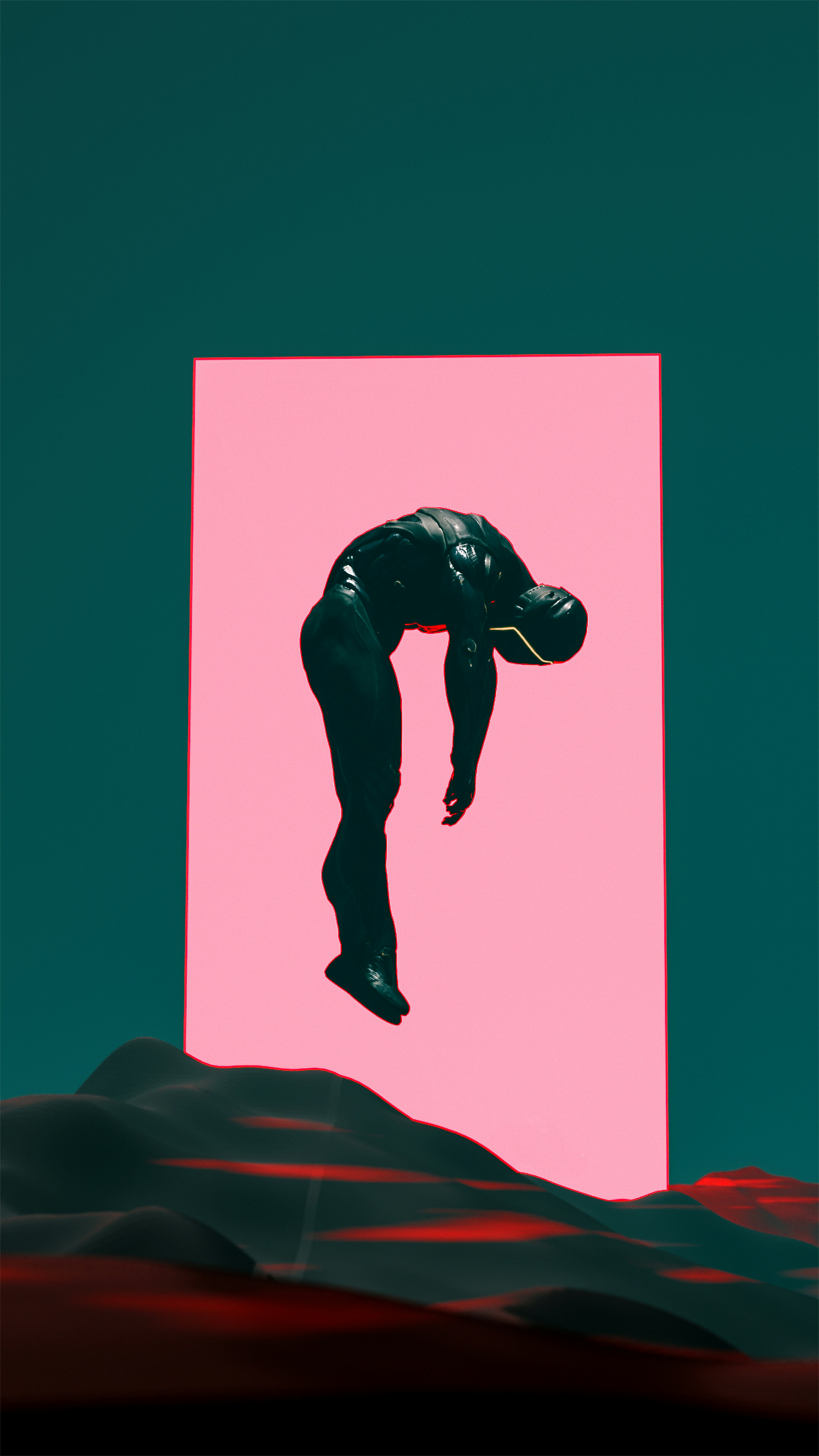 a person jumping in the air in front of a pink background