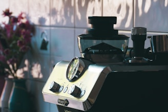 a blender sitting on top of a counter next to a vase of flowers