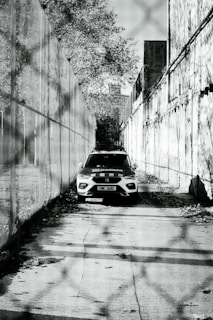 a black and white photo of a police car