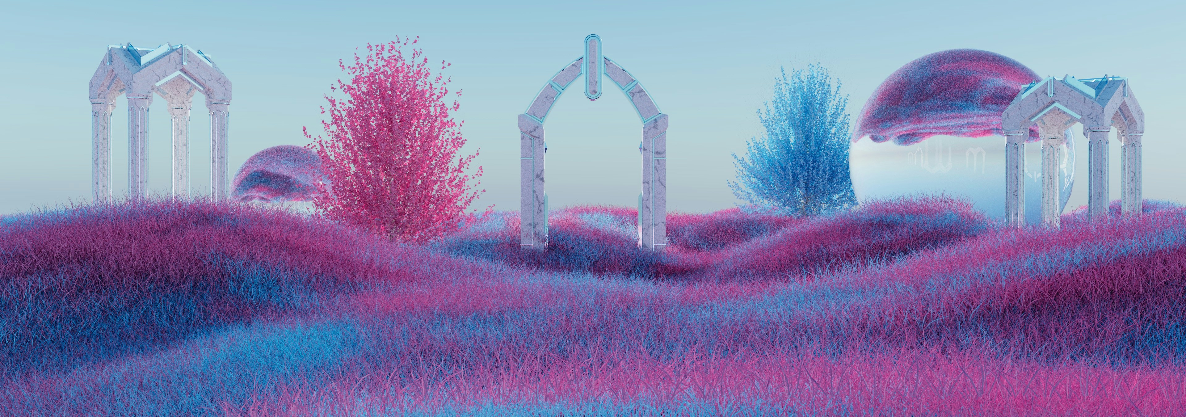 a group of trees and bushes in a field