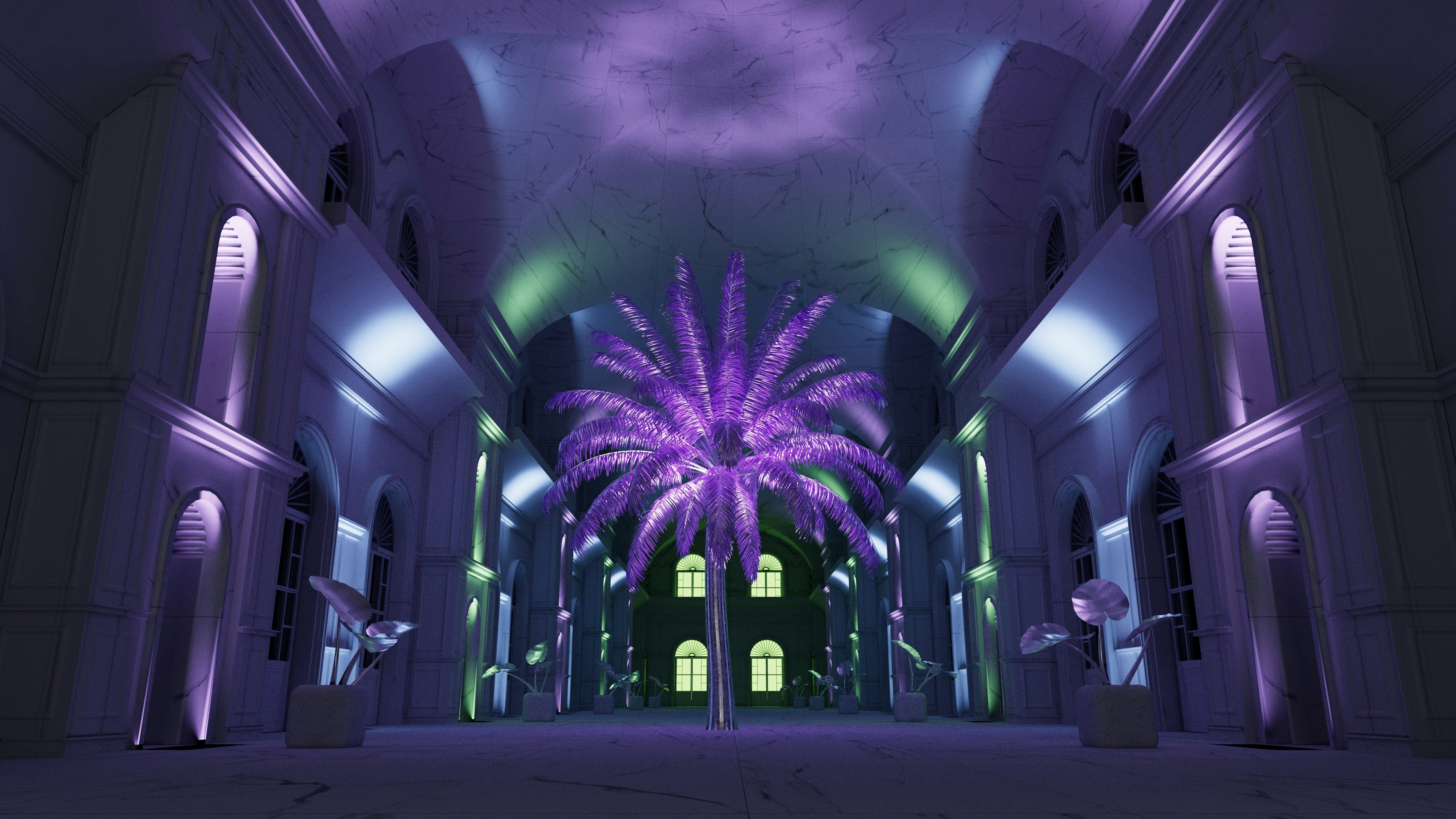 a palm tree in a building with purple lighting