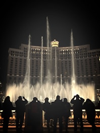 a group of people standing in front of a fountain