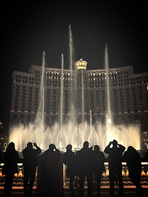 a group of people standing in front of a fountain