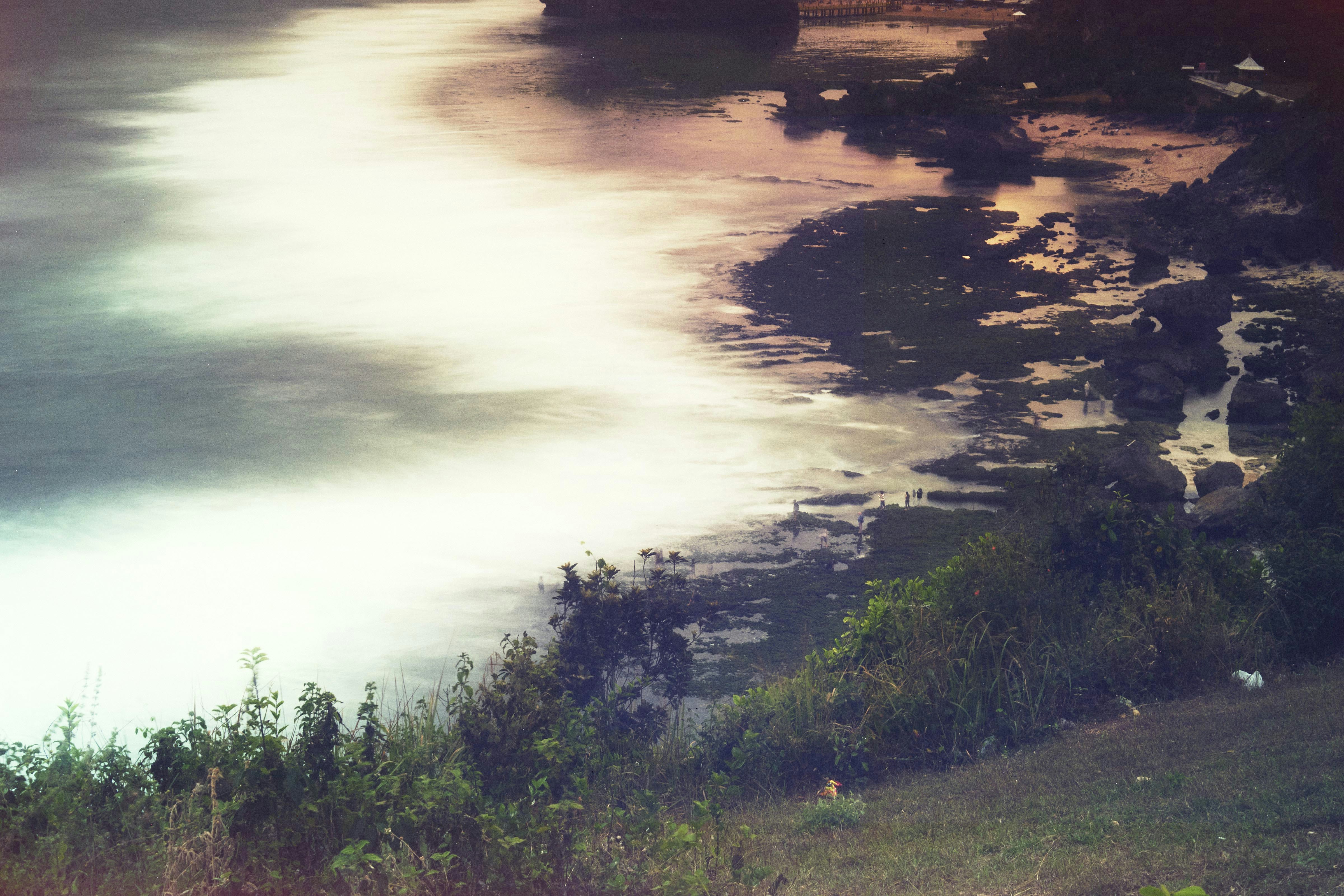 a large body of water sitting next to a lush green hillside