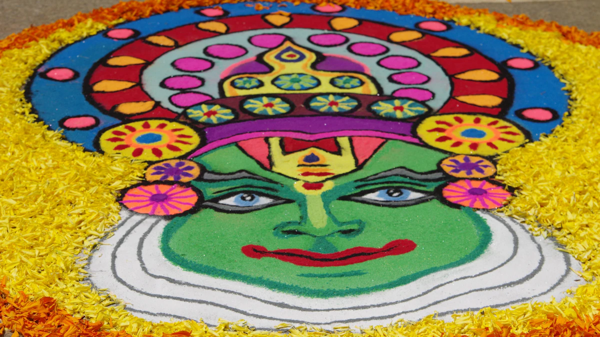 Face of a Kathakali dancer made with flower petals (representative image)