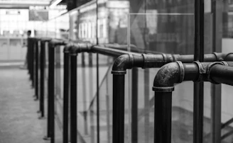 a black and white photo of a metal railing