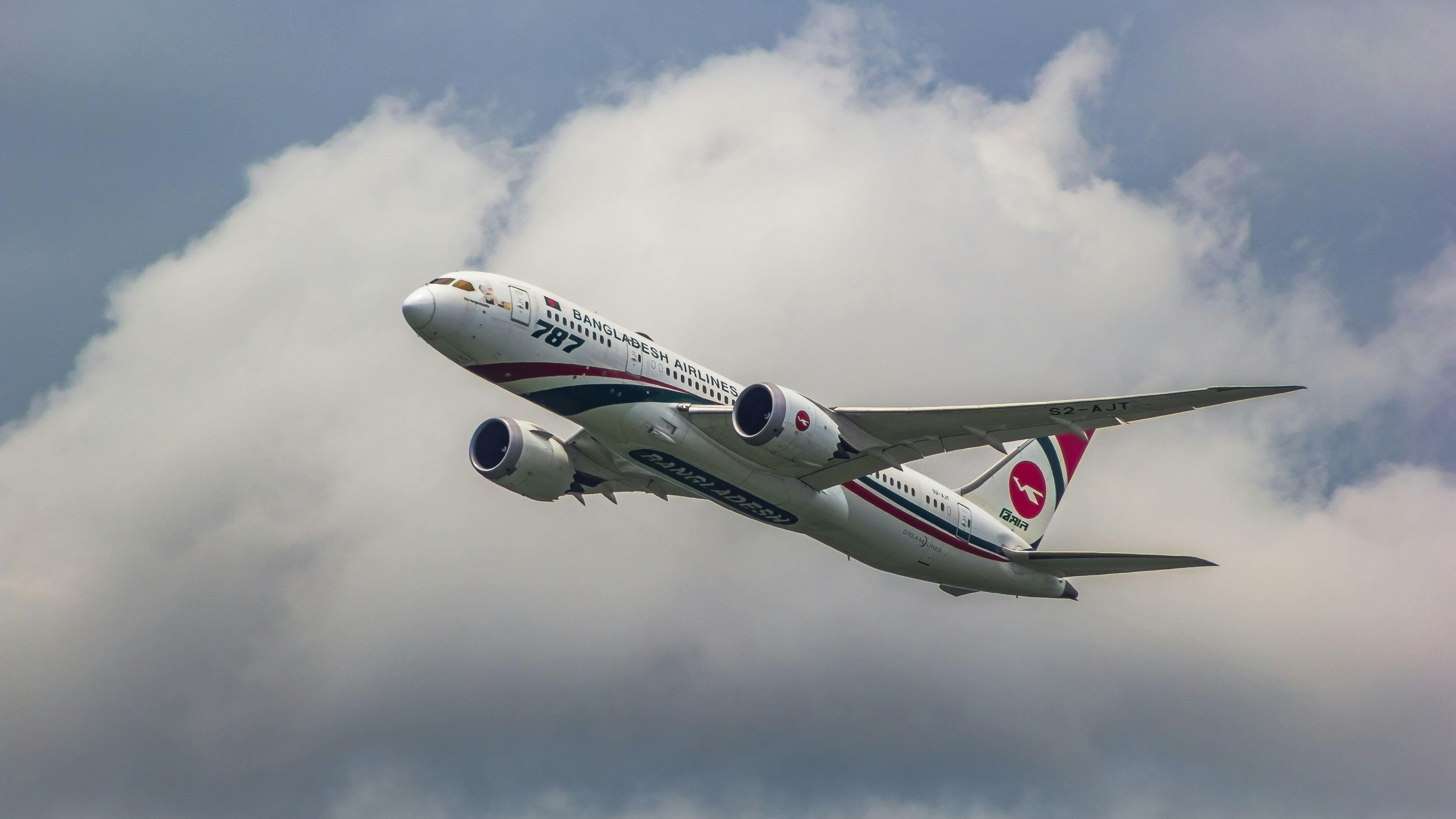 a large jetliner flying through a cloudy sky