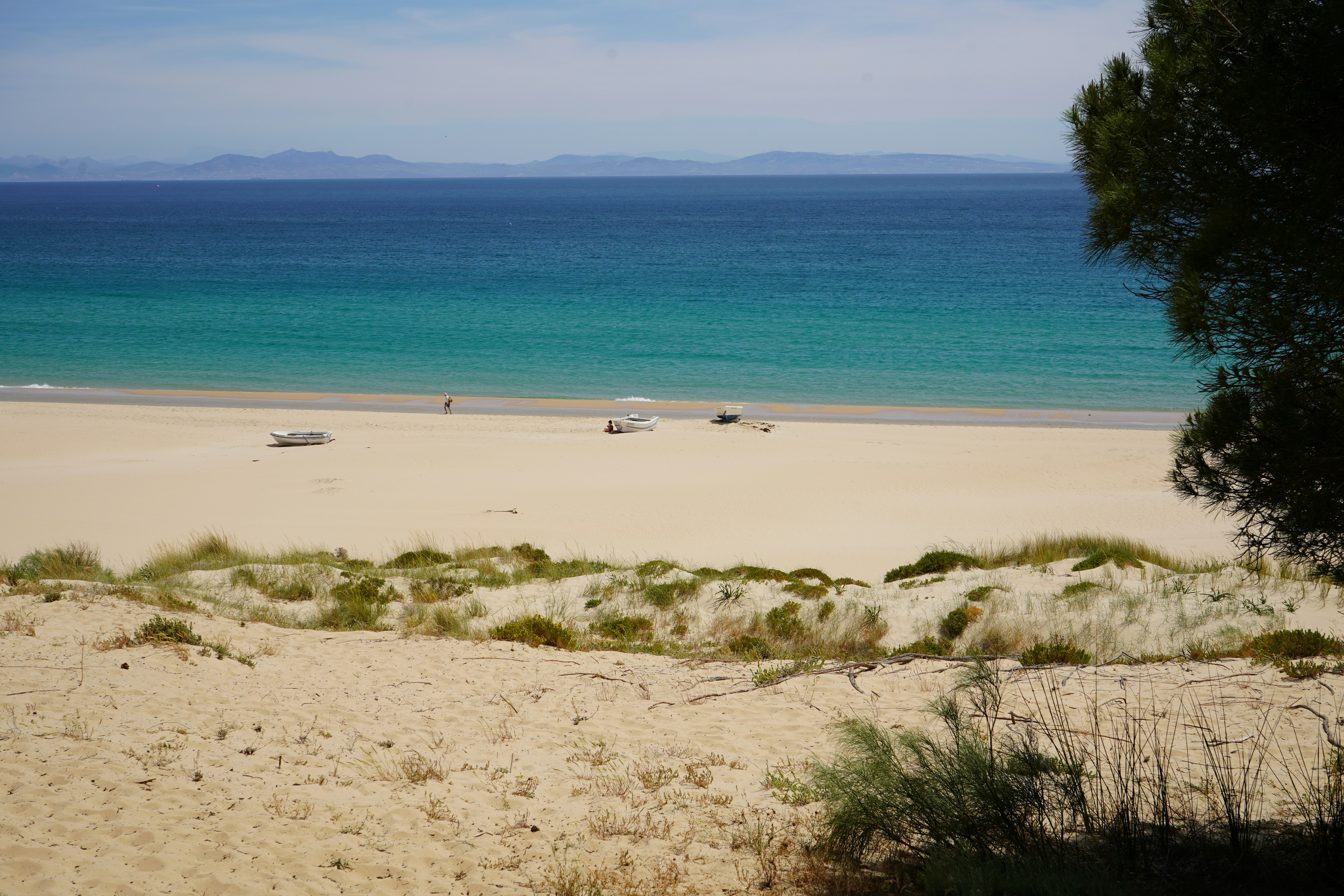 uma praia de areia com alguns barcos sobre ela