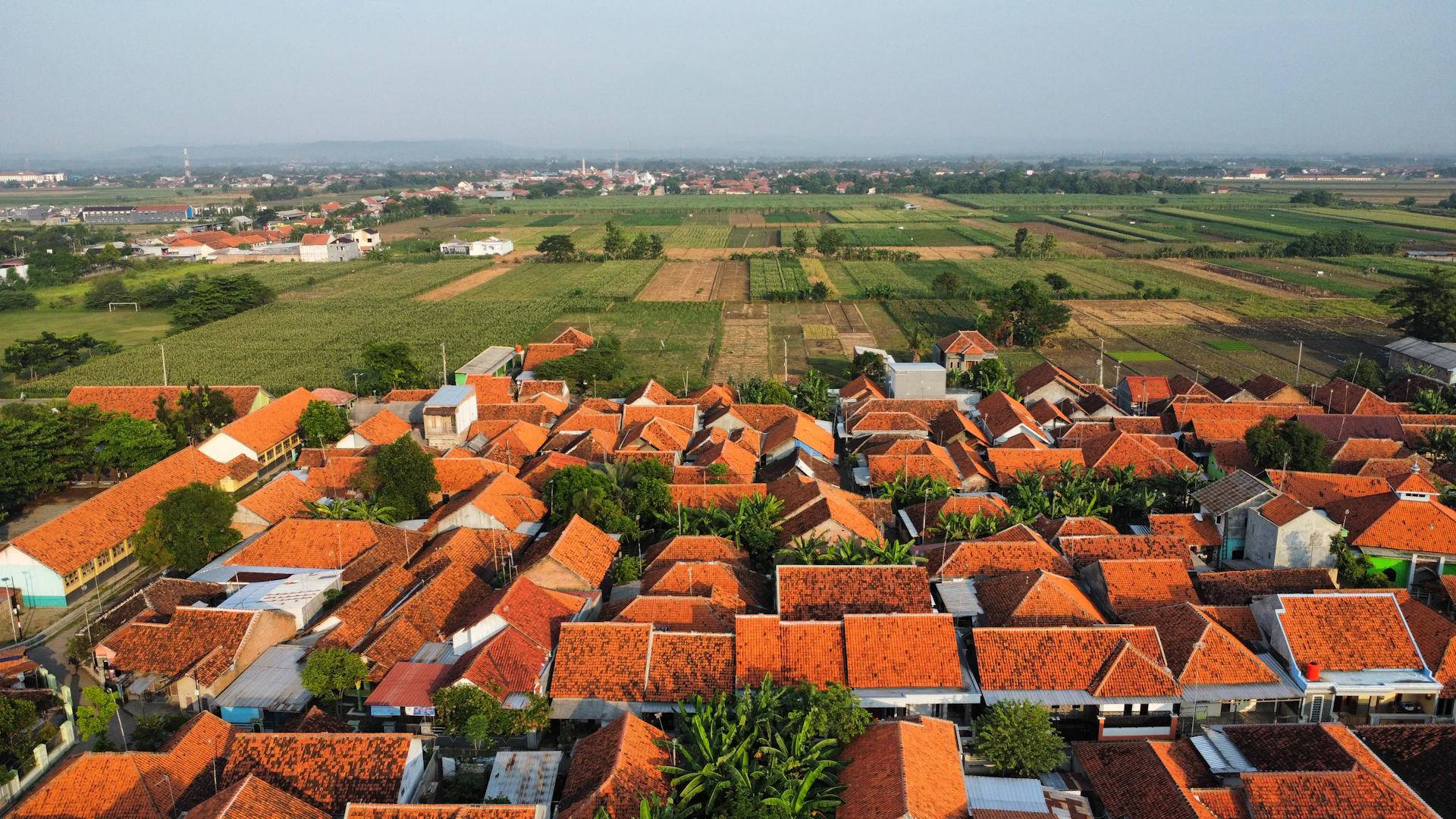 an aerial view of a village with red roofs