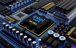 a close up of a computer motherboard with intel chips