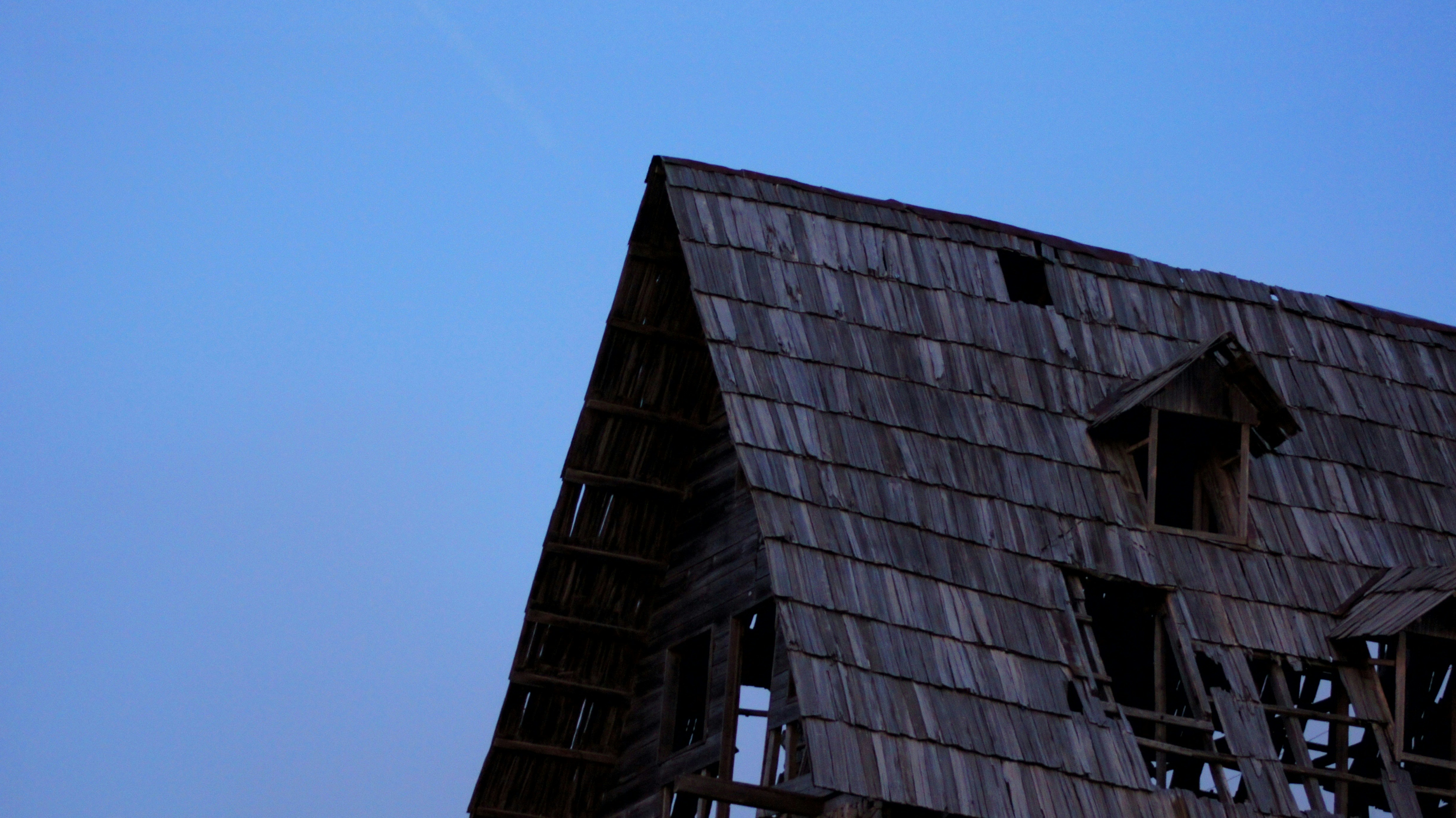 a bird flying over a wooden structure with a sky background