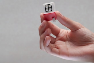 a hand holding a tiny toy house in it's palm