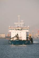 a large white and blue boat in a body of water