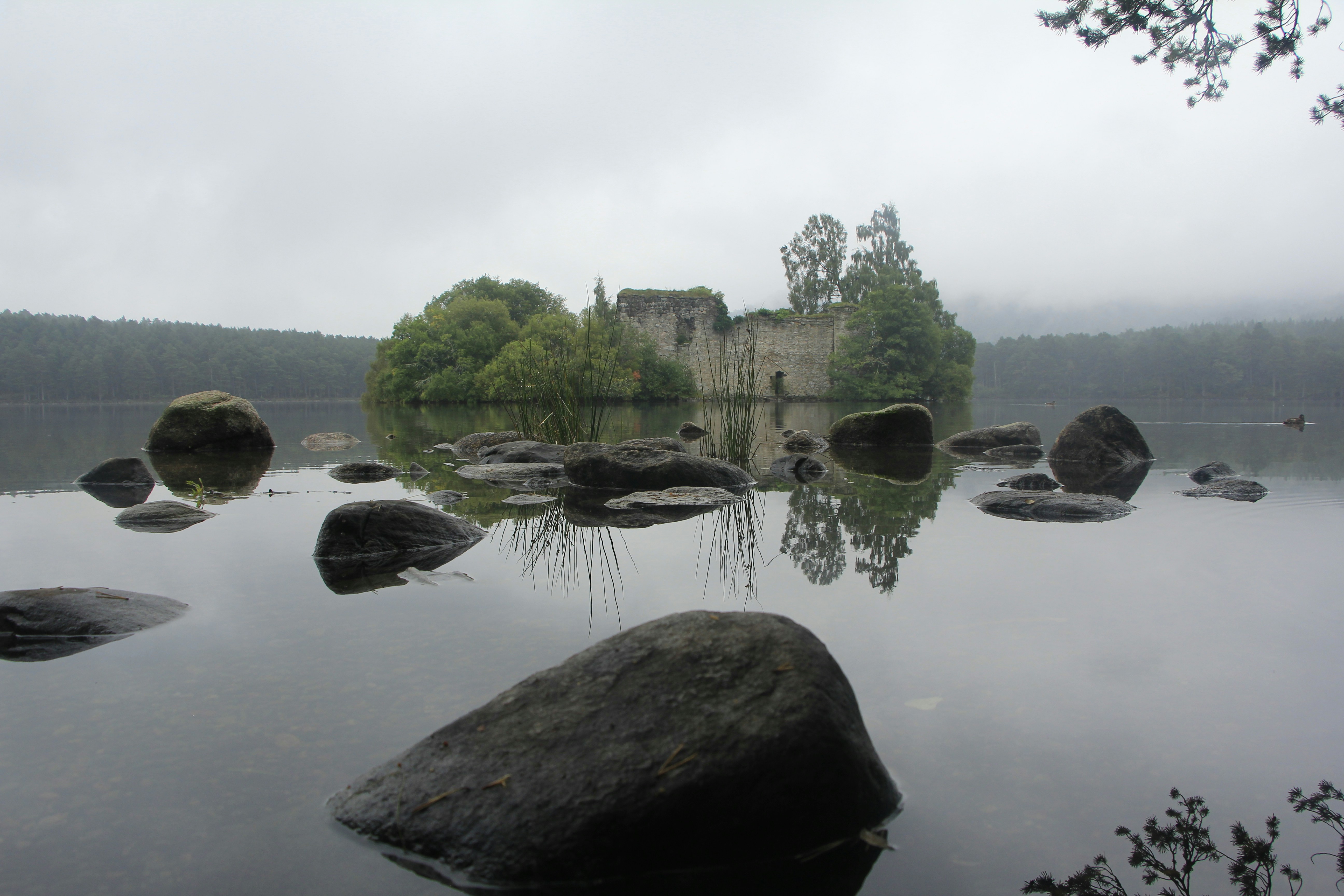 a lake with rocks in the water and a castle in the background