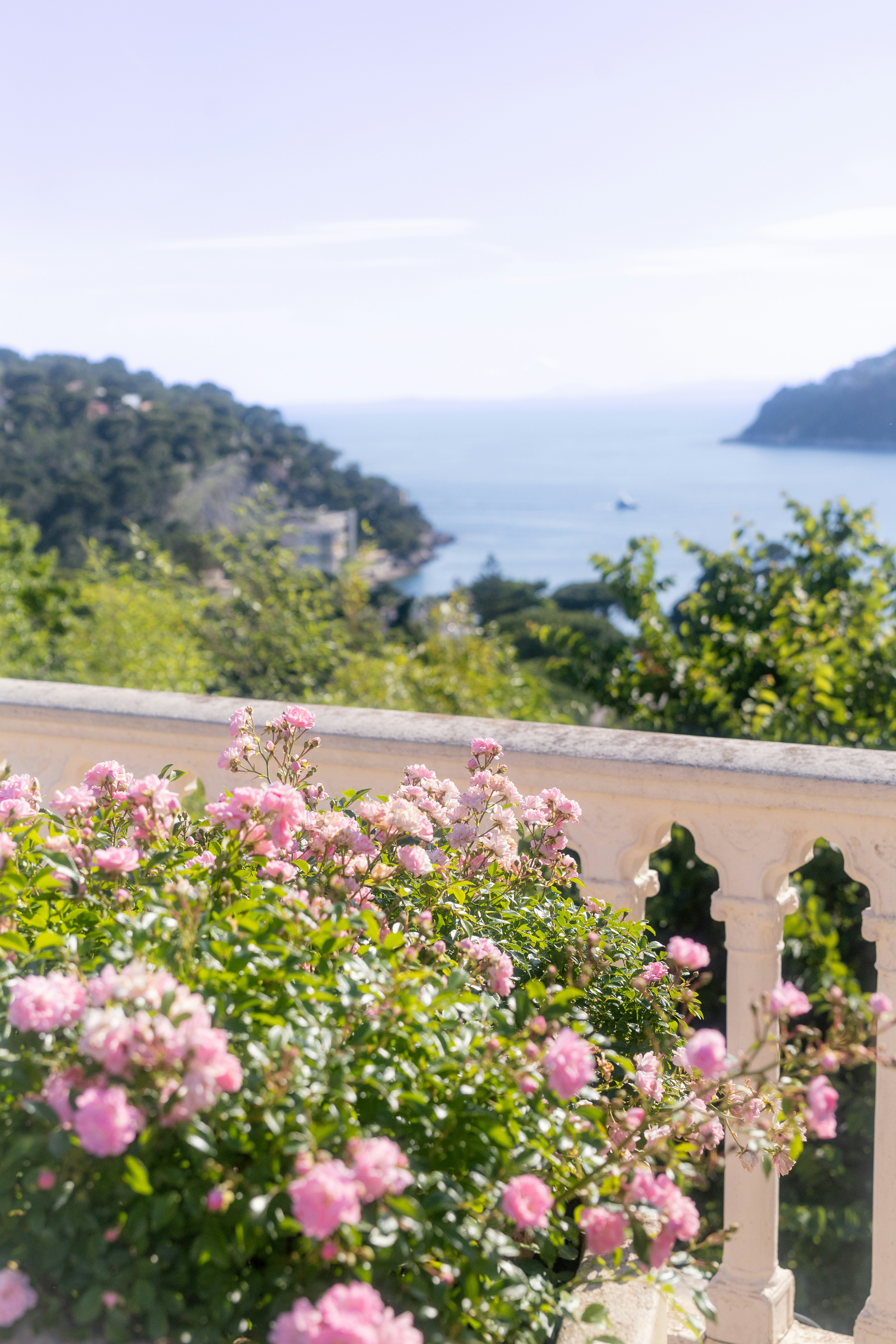 a balcony with pink flowers and a view of the ocean
