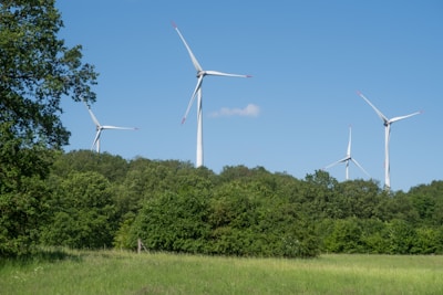a group of wind turbines in a field