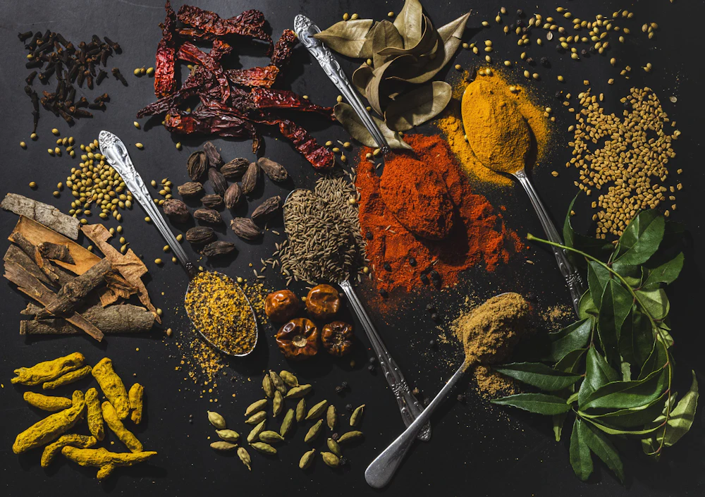 A spread of dried spices and powders