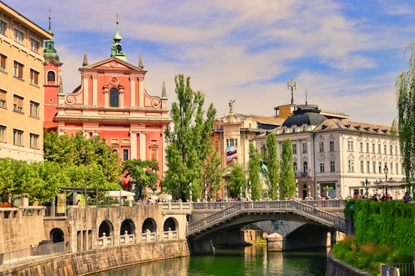 Bridge over the Ljubljanica river in Ljubljana old town summer 2026