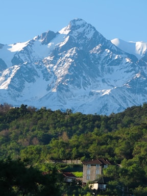 a snow covered mountain with a house in the foreground
