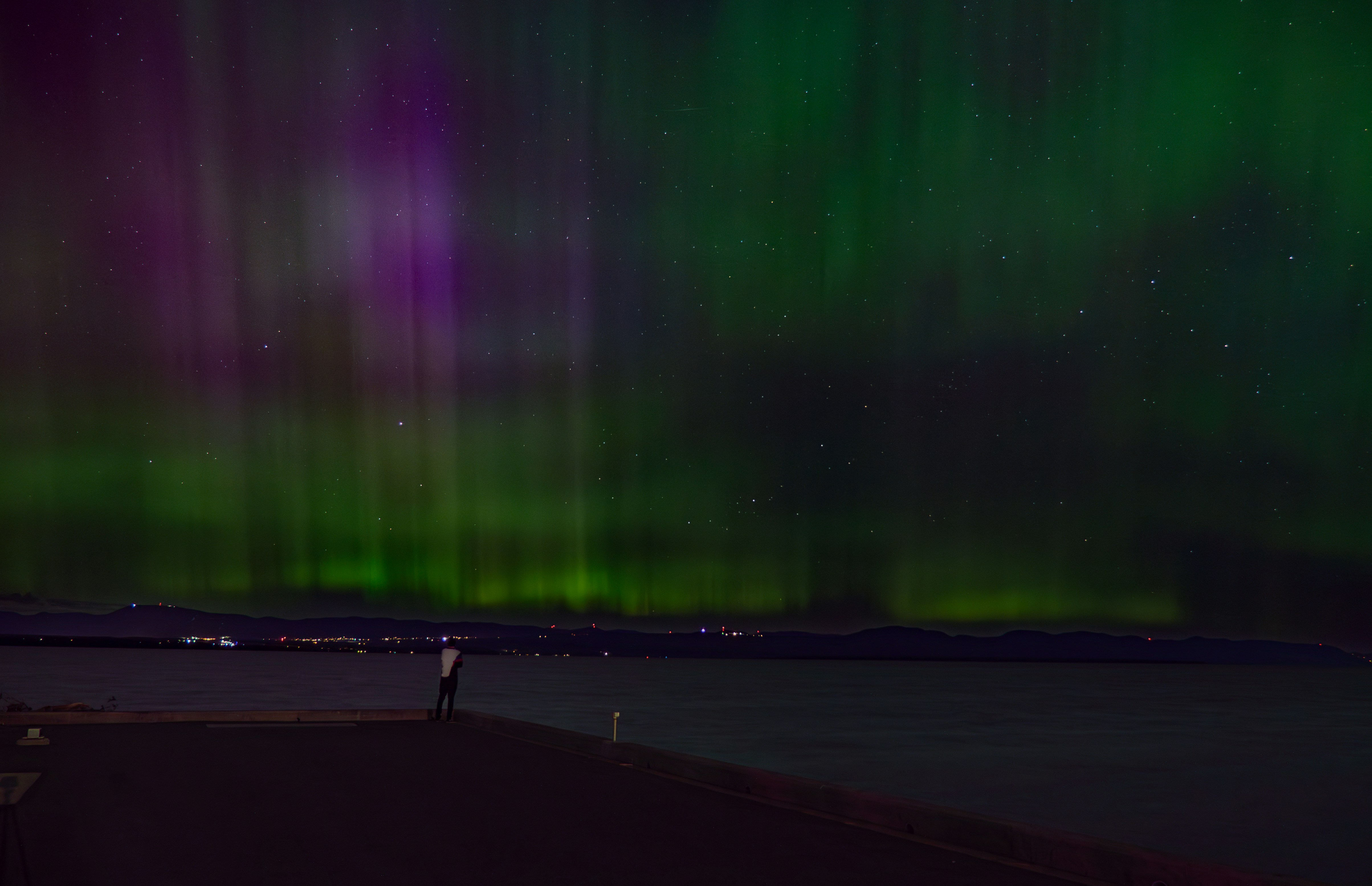 a person standing in front of a body of water under a green and purple aurora