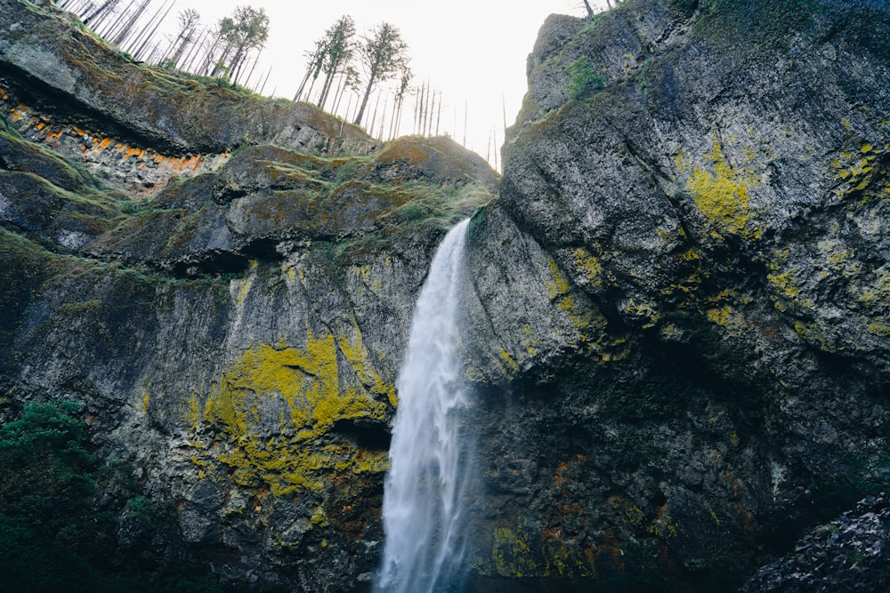 ein hoher Wasserfall mit Moos an der Seite