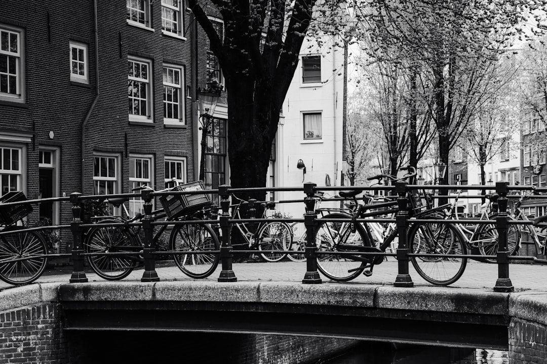 a black and white photo of bicycles on a bridge, Bicycles directionally resting against an iron railing on each side of 