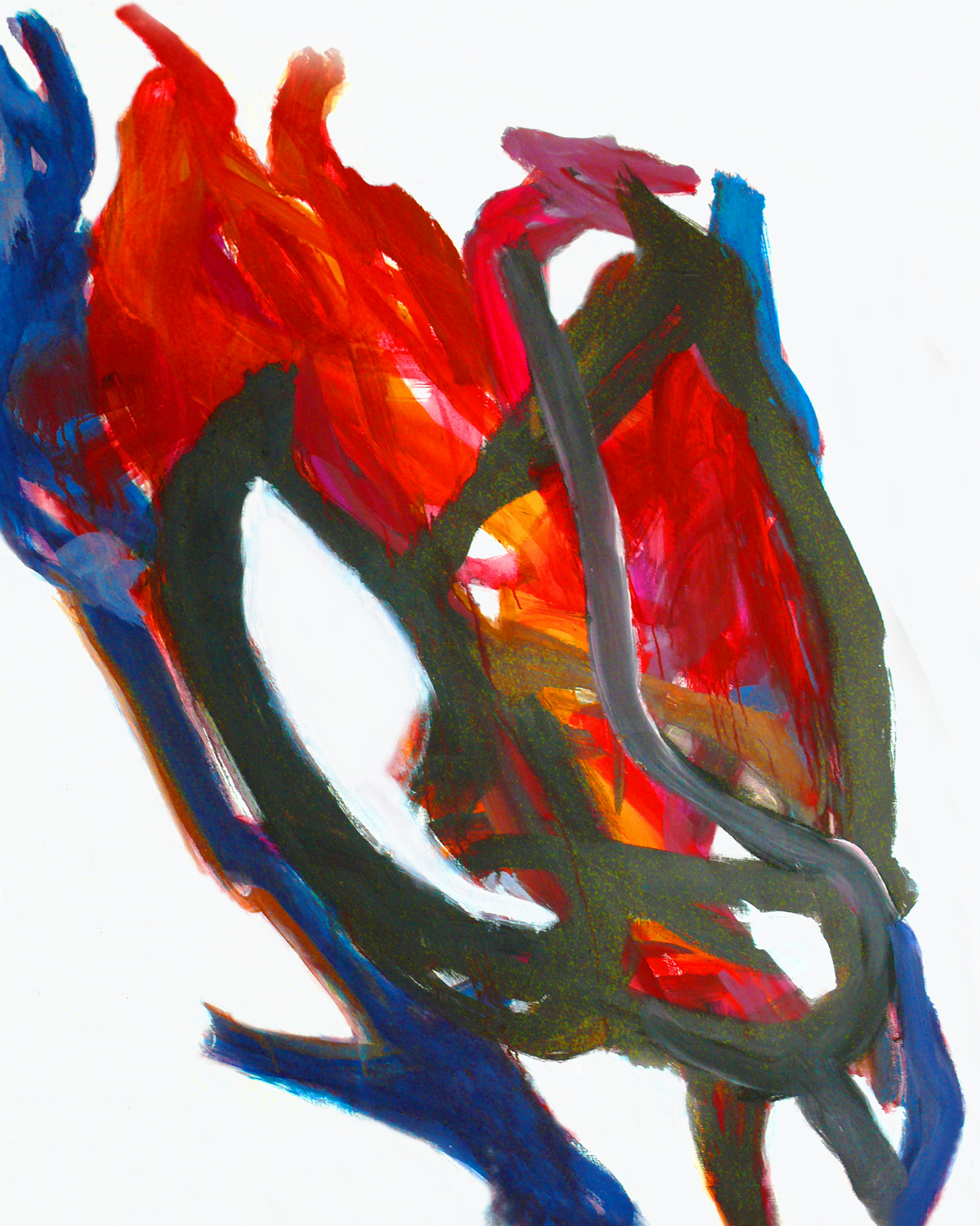 a painting of a red and blue bird on a white background