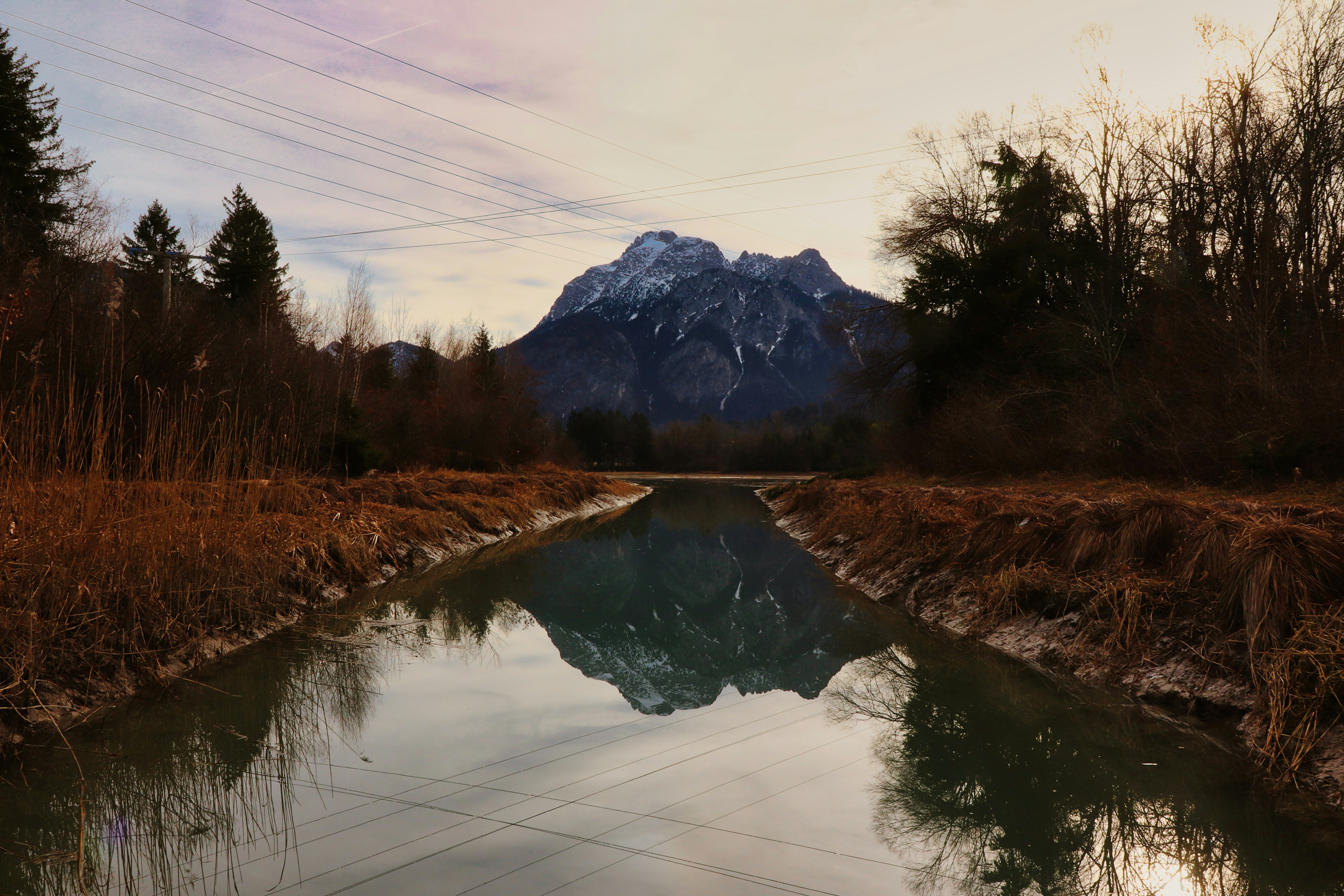 Ein Fluss, der durch einen Wald fließt, mit einem Berg im Hintergrund