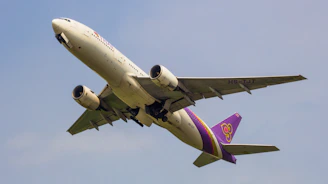 a large jetliner flying through a blue sky