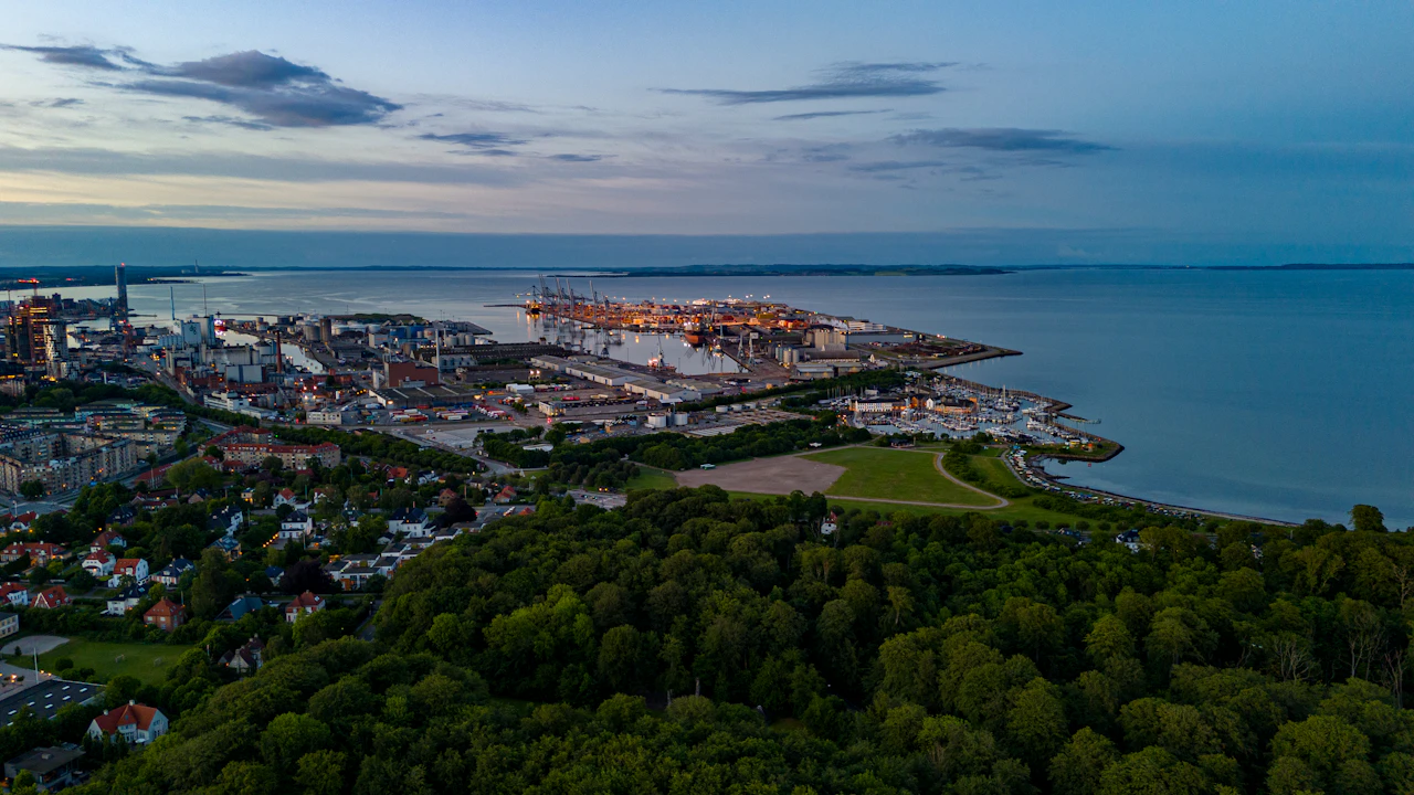 Aerial view of Aarhus, Denmark, looking across the harbour towards the city