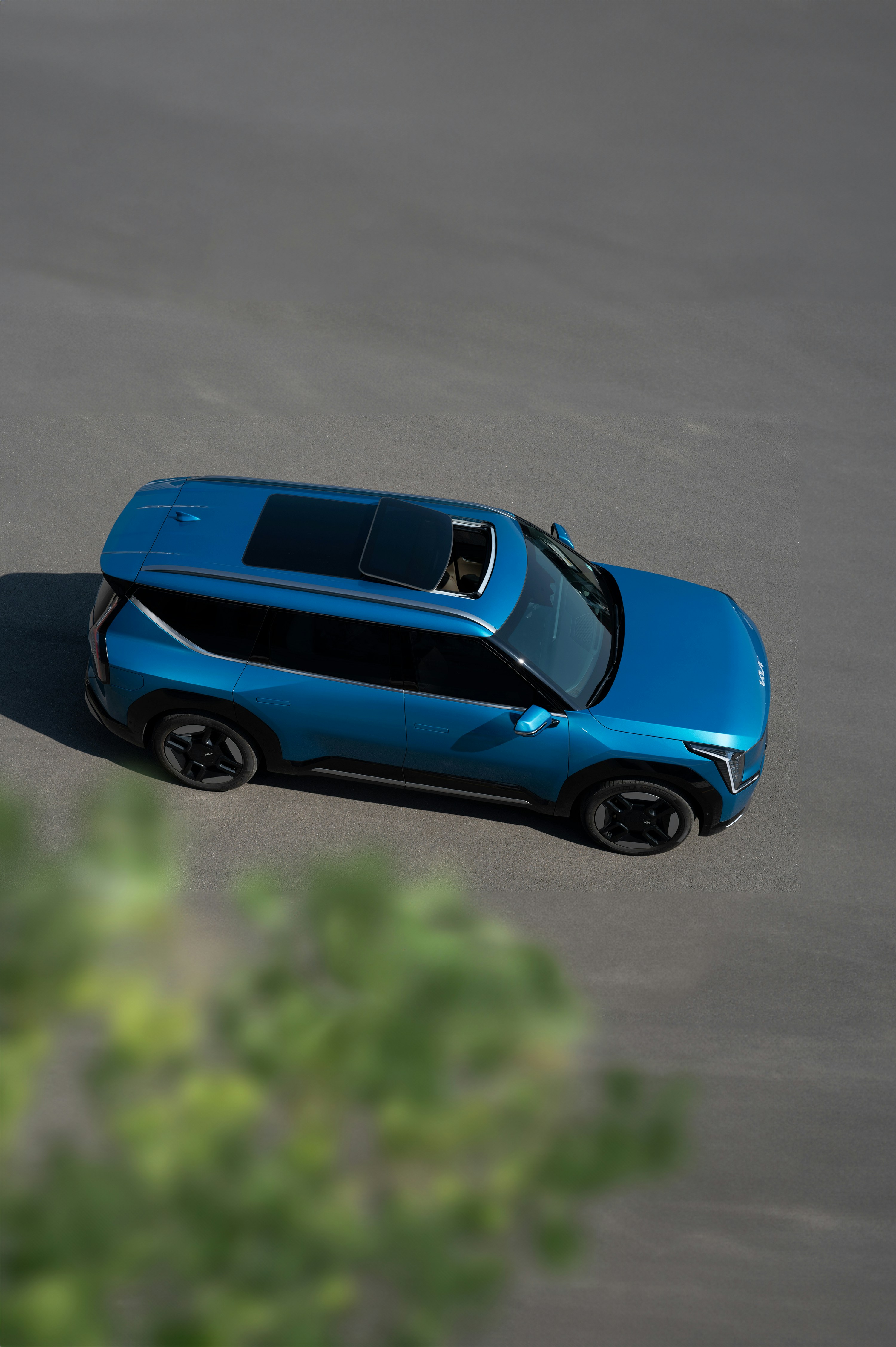 Un coche azul conduciendo por una carretera junto a un bosque