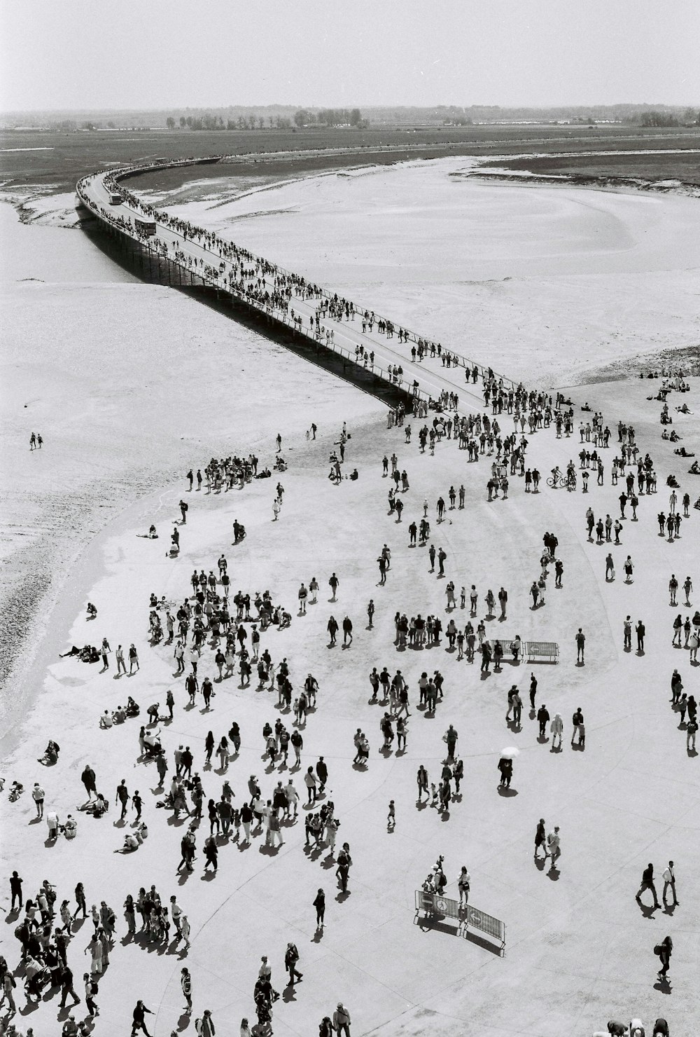 a large group of people standing on top of a beach