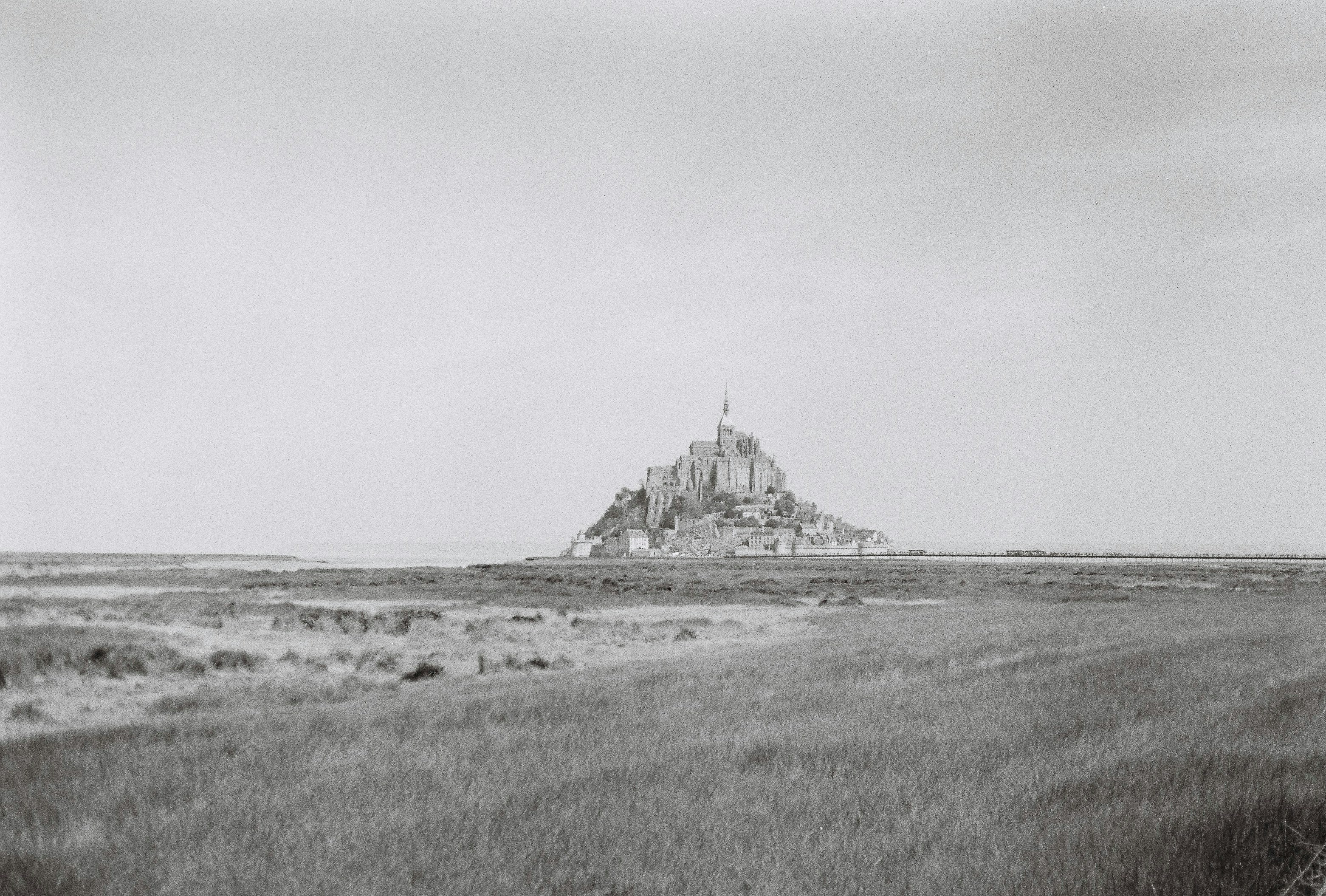 野原の真ん中にある城の白黒写真