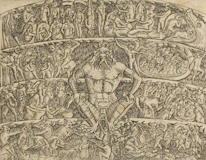 Detailed etching of a mythical creature surrounded by scenes.