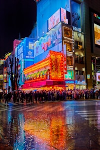 a group of people standing in front of a building
