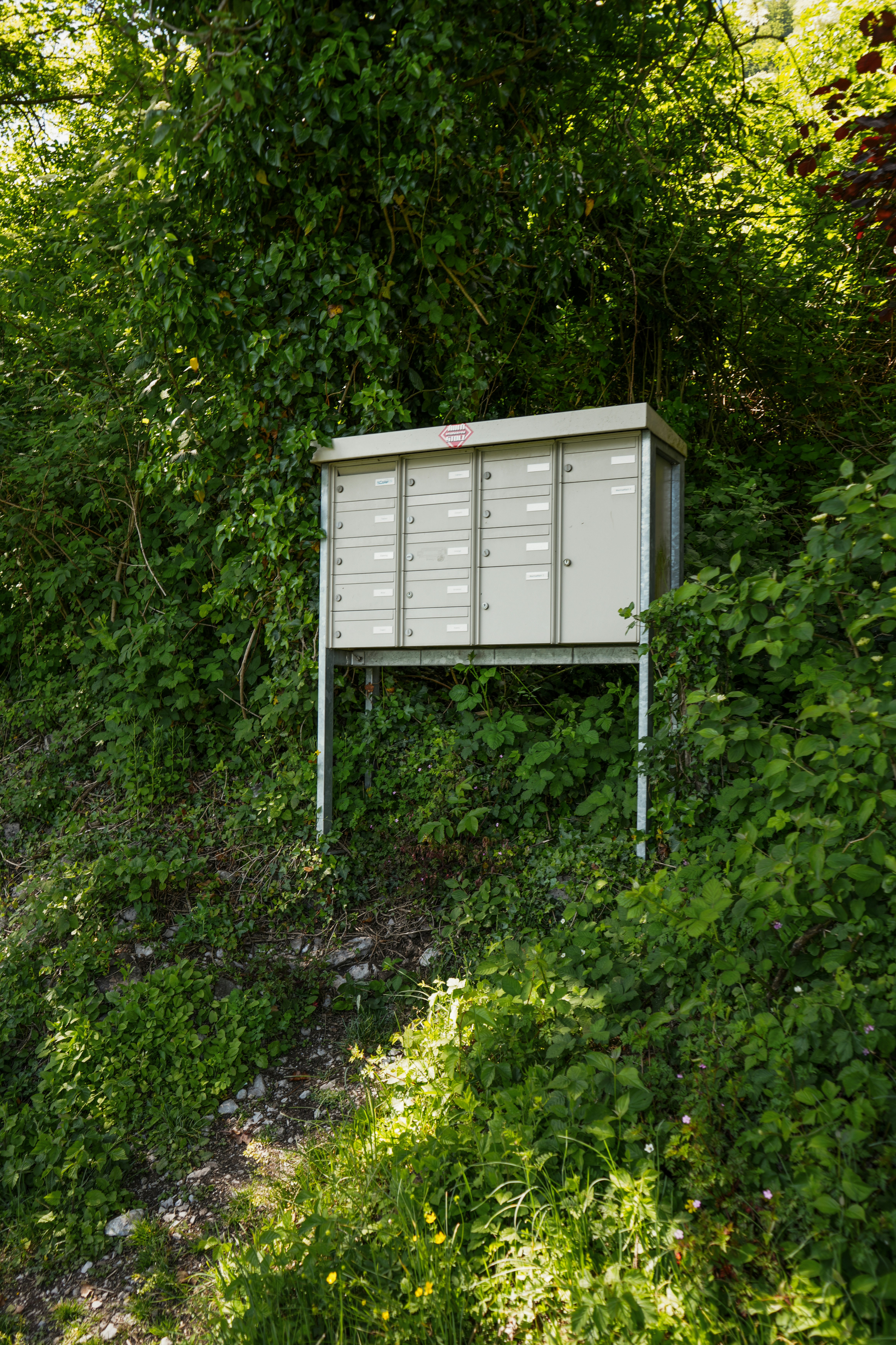 a white box sitting on top of a lush green hillside