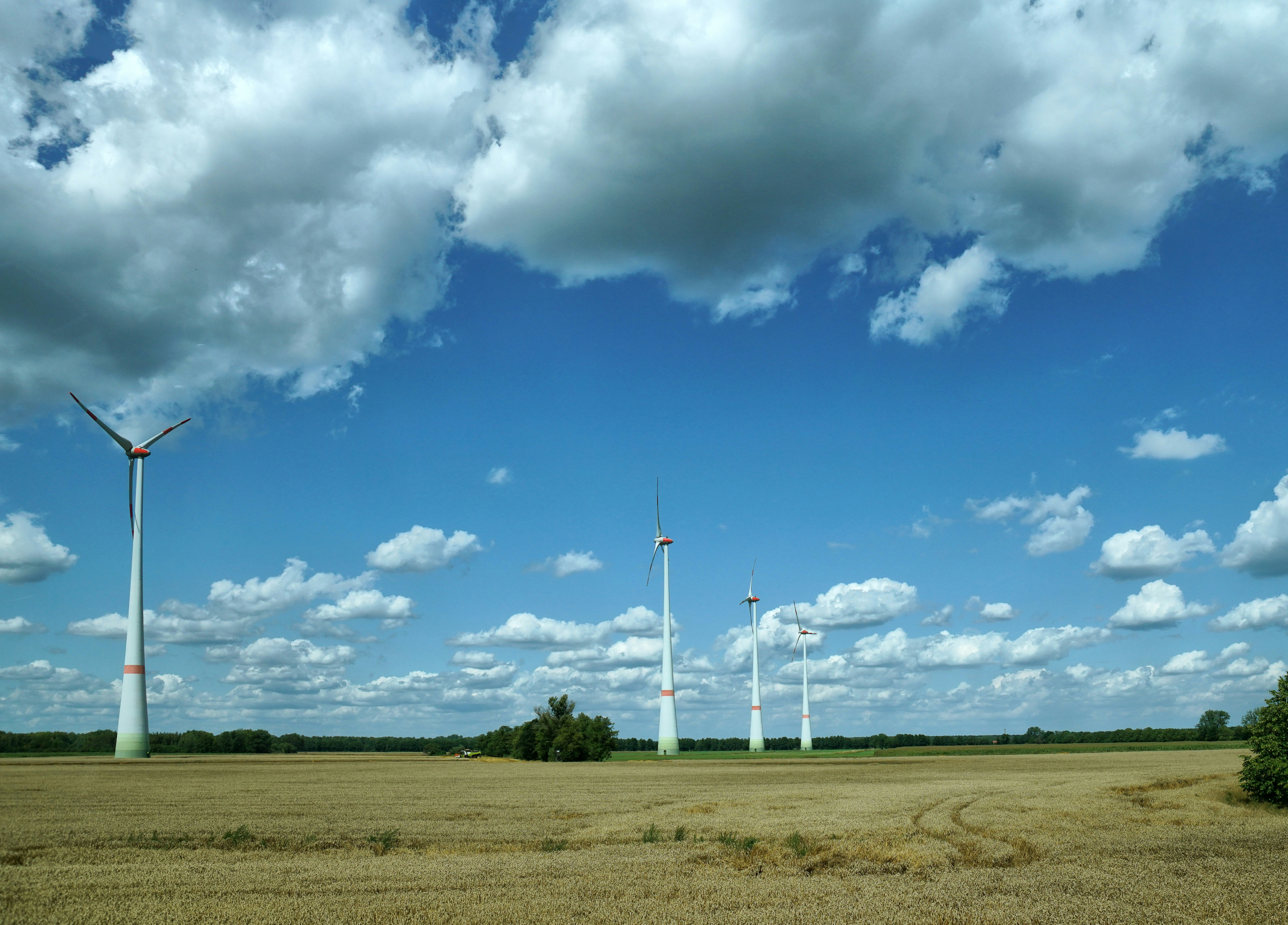 a field with wind turbines in the distance